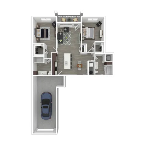 Modern 3D floor plan featuring 2 bedrooms, an elegant open-concept living and dining area, gourmet kitchen, and attached garage.