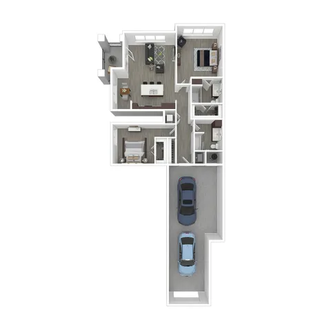 Modern 3D floor plan showcasing an open living space, two cozy bedrooms, stylish kitchen, and dual car garage.