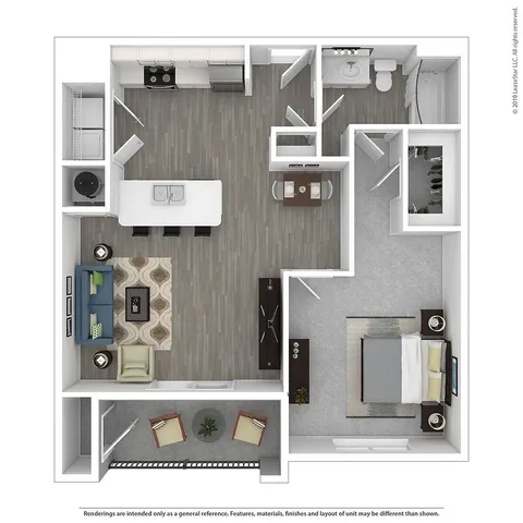 Chic 2D floor plan showcasing a modern 1-bedroom apartment with open-concept living area, sleek kitchen, stylish bathroom, and cozy balcony.