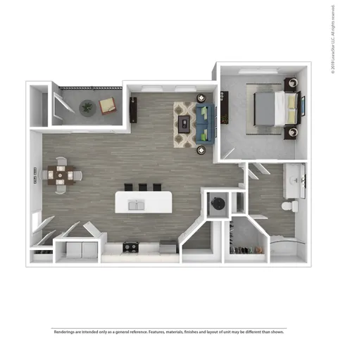 Modern 2D floor plan showcasing a sleek open-concept living and dining area, cozy bedroom, and spacious balcony.