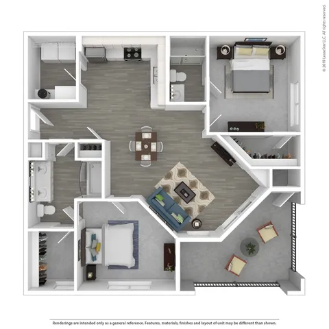 Modern 2D floor plan with two spacious bedrooms, open-concept living area, elegant kitchen, and private balcony.