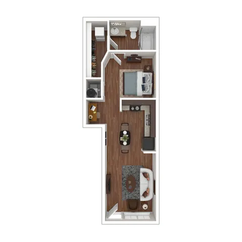 Modern one-bedroom apartment floor plan featuring an open living area, sleek kitchen, and stylish bathroom.