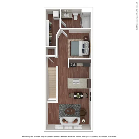 Charming 1-bedroom floor plan showcasing an open living area, modern kitchen, and elegant bathroom with stylish finishes.