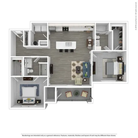 Modern 3D floor plan showcasing two spacious bedrooms, a luxurious open-concept living and dining area, and a sleek kitchen with a central island and ample storage.