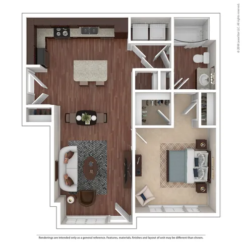 Modern 3D floor plan showcasing an elegant one-bedroom apartment with an open-concept kitchen and dining area, a cozy living space, and a stylish bathroom. Ideal for contemporary living.