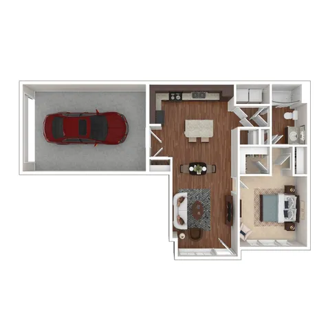 Modern floor plan with a single bedroom, open-concept kitchen and living area, and an integrated garage.