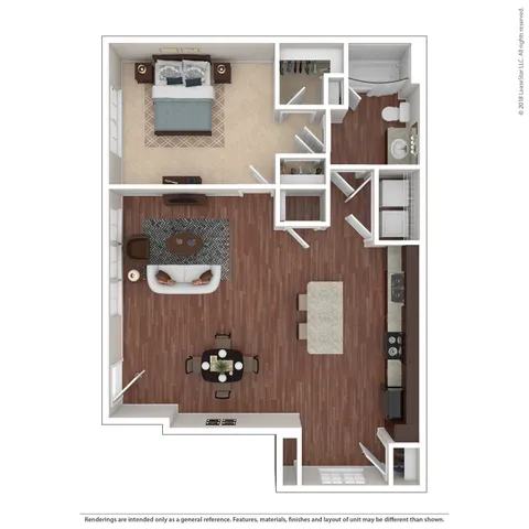 Chic 1-bedroom apartment floor plan with an open-concept living area, modern kitchen, and spacious bathroom.