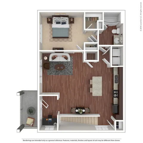 Modern 3D floor plan showcasing a spacious 1-bedroom apartment with an open-concept living area, sleek kitchen, and cozy balcony.