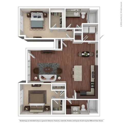 Spacious floor plan featuring 2 bedrooms, stylish open-concept living area, modern kitchen, and two bathrooms, ideal for contemporary living.
