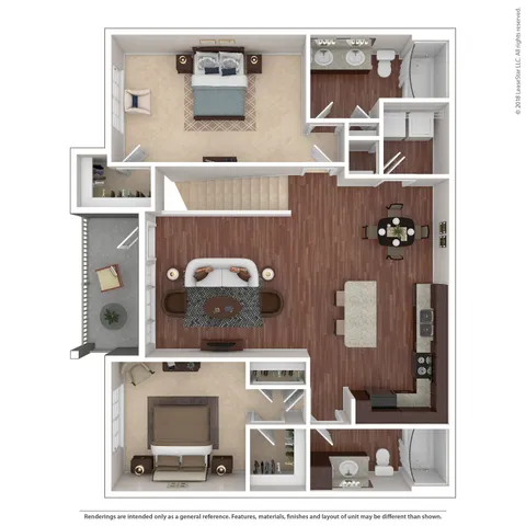 Elegant 3D floor plan showcasing 2 spacious bedrooms, a cozy living area, modern kitchen, and 2 sleek bathrooms, perfect for comfortable living.