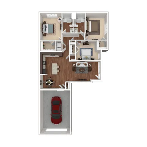 Modern 3D floor plan showcasing 3 bedrooms, open living and dining area, spacious kitchen, and attached garage.