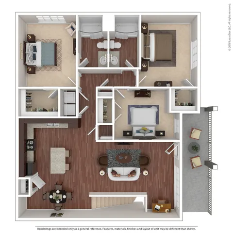 Modern floor plan showcasing 3 spacious bedrooms, elegant living room, open kitchen, and two cozy balconies.