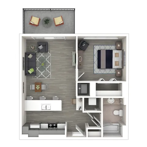 Modern 3D floor plan showcasing a cozy one-bedroom apartment with an open-concept living and dining area, sleek kitchen, and private balcony.