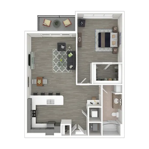 Modern open-concept floor plan featuring 1 bedroom, a sleek kitchen with island seating, a cozy living area, and a private balcony with seating, designed for stylish urban living.