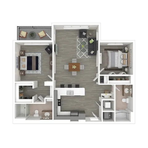 Chic floor plan showcasing 2 bedrooms, spacious living area, modern kitchen with island, and two stylish bathrooms.