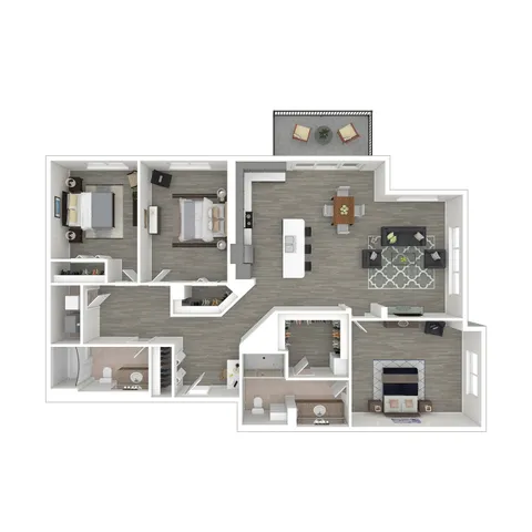Chic and modern 3-bedroom apartment floor plan with open living space, sleek kitchen, and two stylish bathrooms, ideal for contemporary living.