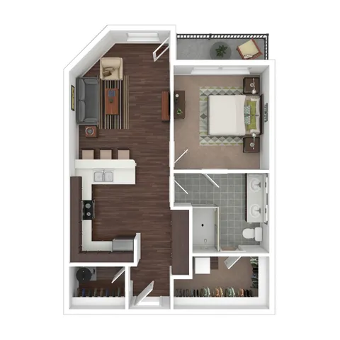 Contemporary 1-bedroom floor plan featuring an open-concept living area with a modern kitchen and a cozy balcony.