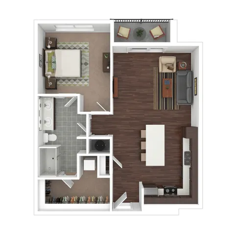 Modern 2D floor plan with 1 bedroom, spacious living area, and stylish open kitchen, featuring a cozy balcony.
