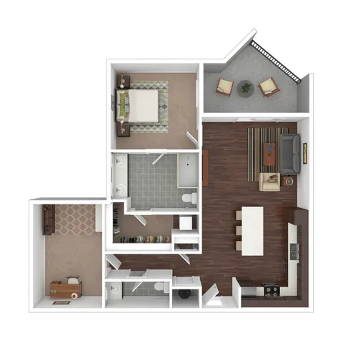 Modern 2D floor plan showcasing a spacious 1-bedroom apartment with an open-concept living and dining area, stylish kitchen, home office space, and private balcony.