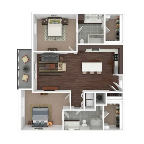 Elegant 3D floor plan showcasing a modern apartment with 2 bedrooms, a spacious open-concept living area, sleek kitchen, and two well-appointed bathrooms, complete with a cozy balcony space.