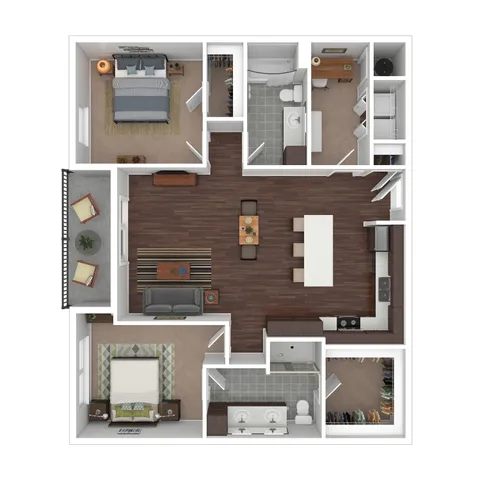 Modern 2D floor plan featuring two spacious bedrooms, open-concept living and dining area, sleek kitchen, and two bathrooms, complete with a private balcony.