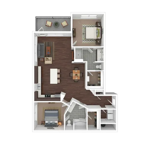 Modern 2D floor plan showcasing 2 bedrooms, an open-concept living and dining area, sleek kitchen, and private balcony.
