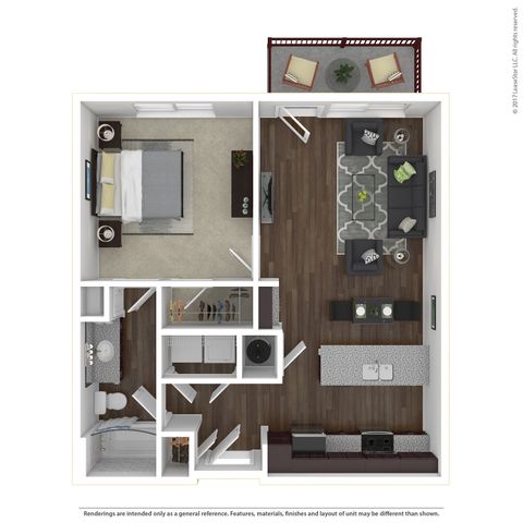 Modern apartment floor plan featuring a spacious bedroom, inviting living room with balcony access, sleek kitchen, and a convenient bathroom.