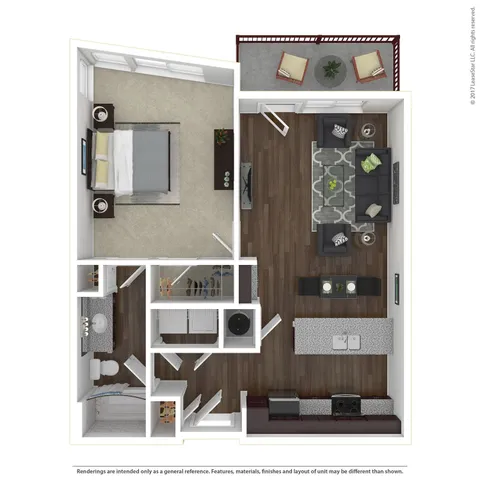 Modern 3D apartment floor plan featuring an open-concept living and dining area, cozy bedroom, stylish kitchen, and a private balcony.