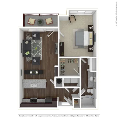 Modern floor plan showcasing a spacious 1-bedroom apartment with open-concept living room, sleek kitchen, and cozy balcony.