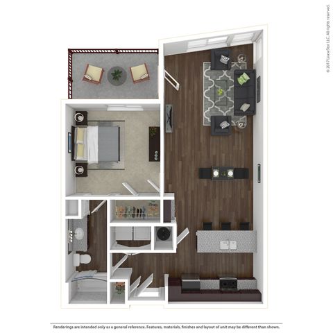 Modern apartment floor plan showcasing a spacious 1-bedroom with an open-concept living and dining area, stylish kitchen, and private balcony for outdoor relaxation.