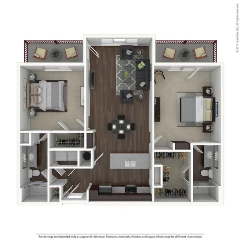 Modern 3D floor plan displaying 2 bedrooms, a stylish open-concept living area, and a sleek kitchen with an island. Includes a cozy balcony space, perfect for relaxation.