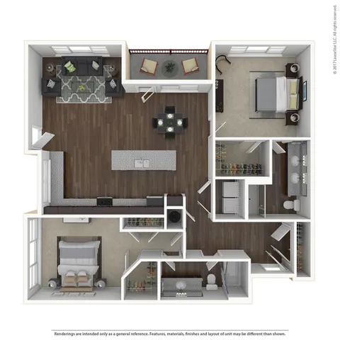 Modern 3D floor plan showcasing a chic two-bedroom apartment with a spacious open-concept living area, stylish kitchen, and private balcony.