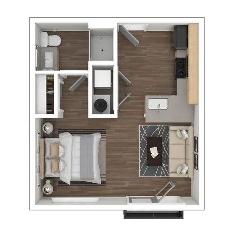 Chic 1-bedroom apartment floor plan with modern kitchen, cozy living space, and stylish bathroom layout.