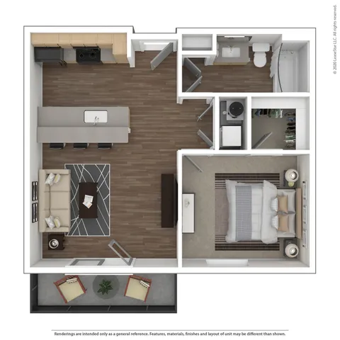 Modern 3D apartment floor plan showcasing a cozy bedroom, open-concept kitchen with island seating, and inviting living area opening to a patio. Perfect blend of style and functionality.