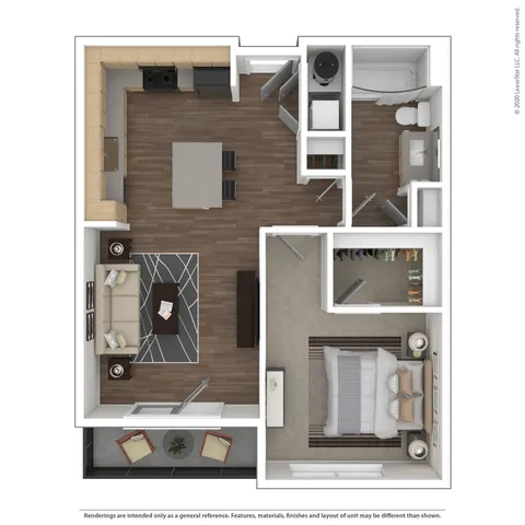 Modern floor plan with sleek open-concept kitchen, spacious living area, cozy bedroom, and efficient bathroom layout.