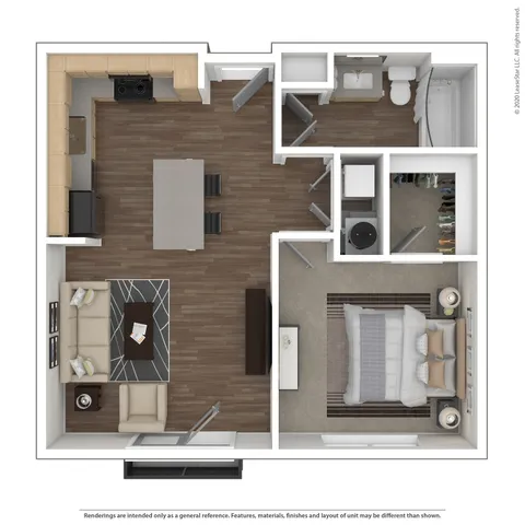 Contemporary 1-bedroom apartment floor plan featuring an open-concept kitchen and living area, spacious bedroom with large closet, and stylish bathroom layout.
