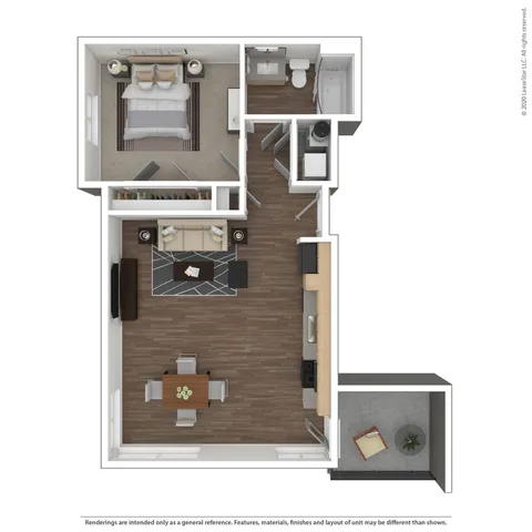 Modern 3D floor plan showcasing a stylish 1-bedroom apartment with an open living and dining area, sleek kitchen, and private balcony.