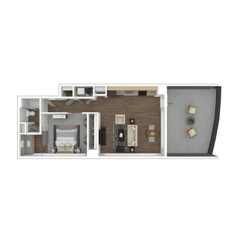 Modern 3D floor plan showcasing a chic one-bedroom apartment with an open-concept living area, a sleek kitchen, and a spacious balcony perfect for relaxation.