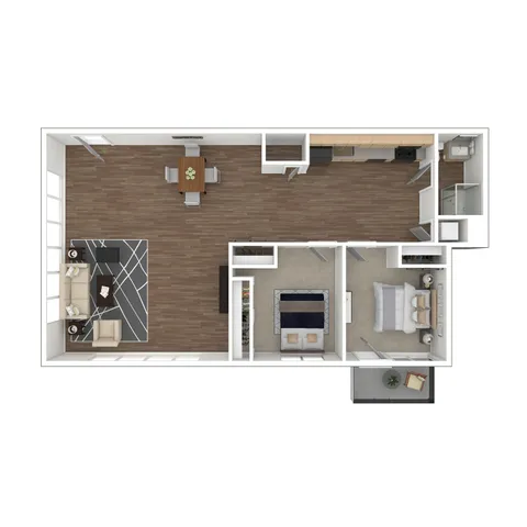 Contemporary floor plan with two inviting bedrooms, open-concept living and dining areas, sleek kitchen, and stylish living room.