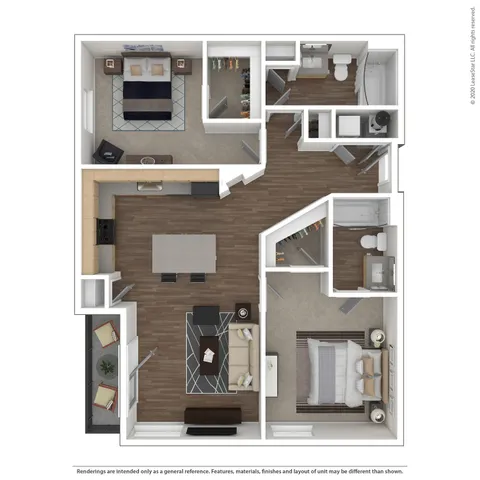 Contemporary 2-bedroom apartment floor plan featuring an open-concept kitchen and dining area, stylish living room, and two elegant bathrooms.