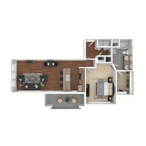 Modern apartment floor plan featuring a spacious living room, open-concept kitchen with island seating, cozy bedroom, and elegant bathroom, ideal for comfortable living.