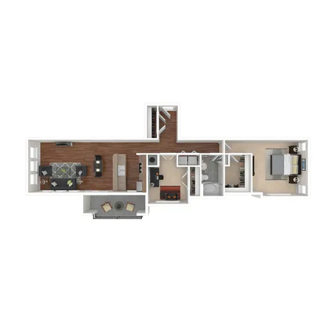 Modern 3D floor plan showcasing a one-bedroom apartment with spacious living area, sleek kitchen, and private balcony.