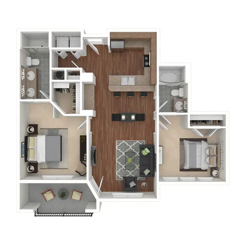 Upscale 3D floor plan showcasing a 2-bedroom apartment with elegant furnishings, a modern kitchen, and a spacious open-concept living area.