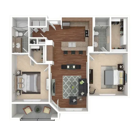 Bright 3D floor plan highlighting two spacious bedrooms, modern kitchen with island, open living and dining area, two bathrooms, and a cozy patio.