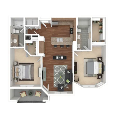 Elegant apartment floor plan showcasing 2 bedrooms, spacious living area, modern kitchen, and 2 bathrooms with a cozy balcony.