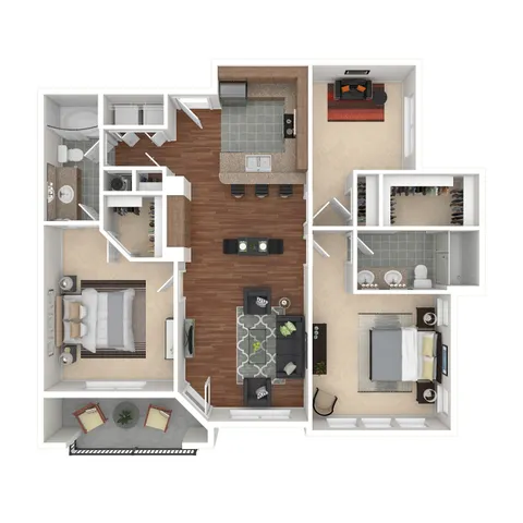 Modern 2D floor plan showcasing two elegant bedrooms, spacious open-concept kitchen with island seating, and cozy living area, ideal for stylish living.