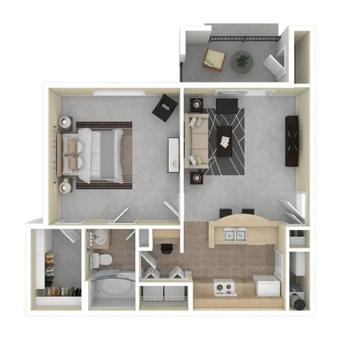 Elegant floor plan featuring a spacious bedroom with walk-in closet, modern living area, open-concept kitchen, and compact bathroom. Includes a cozy balcony for relaxation.
