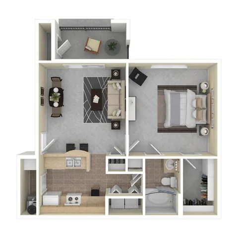 Modern 1-bedroom apartment floor plan featuring a cozy living room, gourmet kitchen, balcony, and a stylish bathroom.