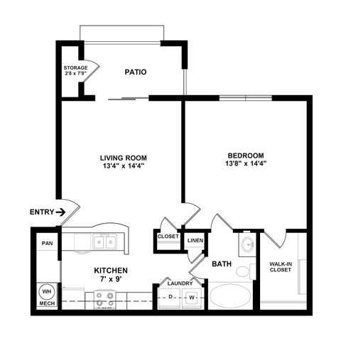 Modern floor plan featuring a spacious bedroom with walk-in closet, open-concept living room, and kitchen, connected to a cozy patio.