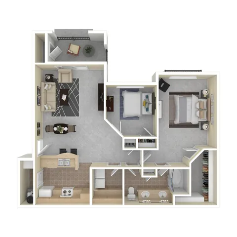 Modern 3D floor plan with 2 bedrooms, a cozy living room, open kitchen, and dual bathroom setup featuring elegant fixtures.